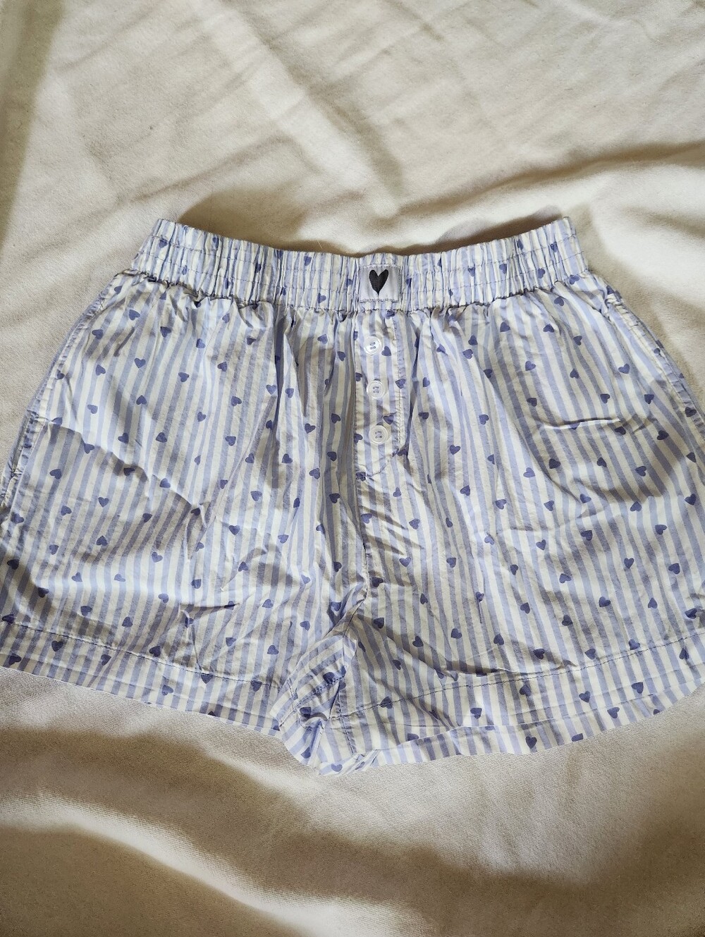 Women's 100% Cotton Boxer Shorts Blue White Stripe Heart Print Size S